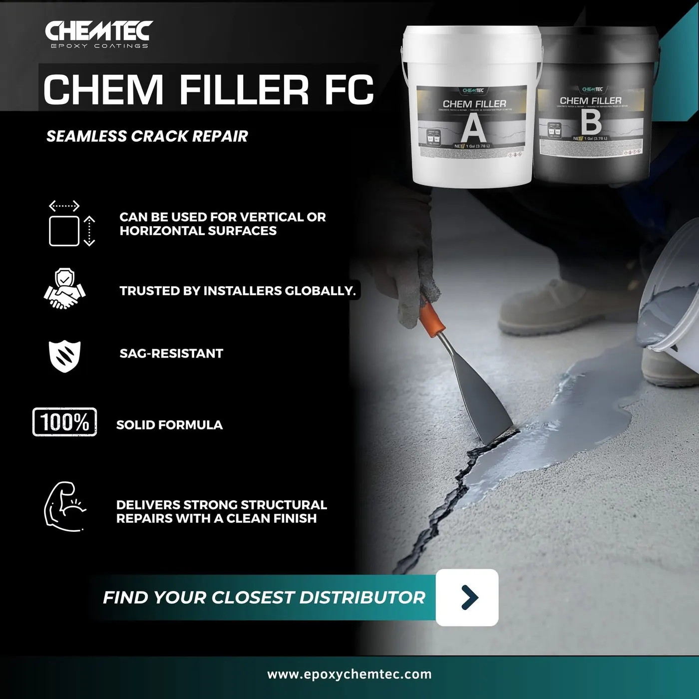 Chemtec Chem Filler FC crack repair Naples FL - seamless crack repair for vertical and horizontal surfaces