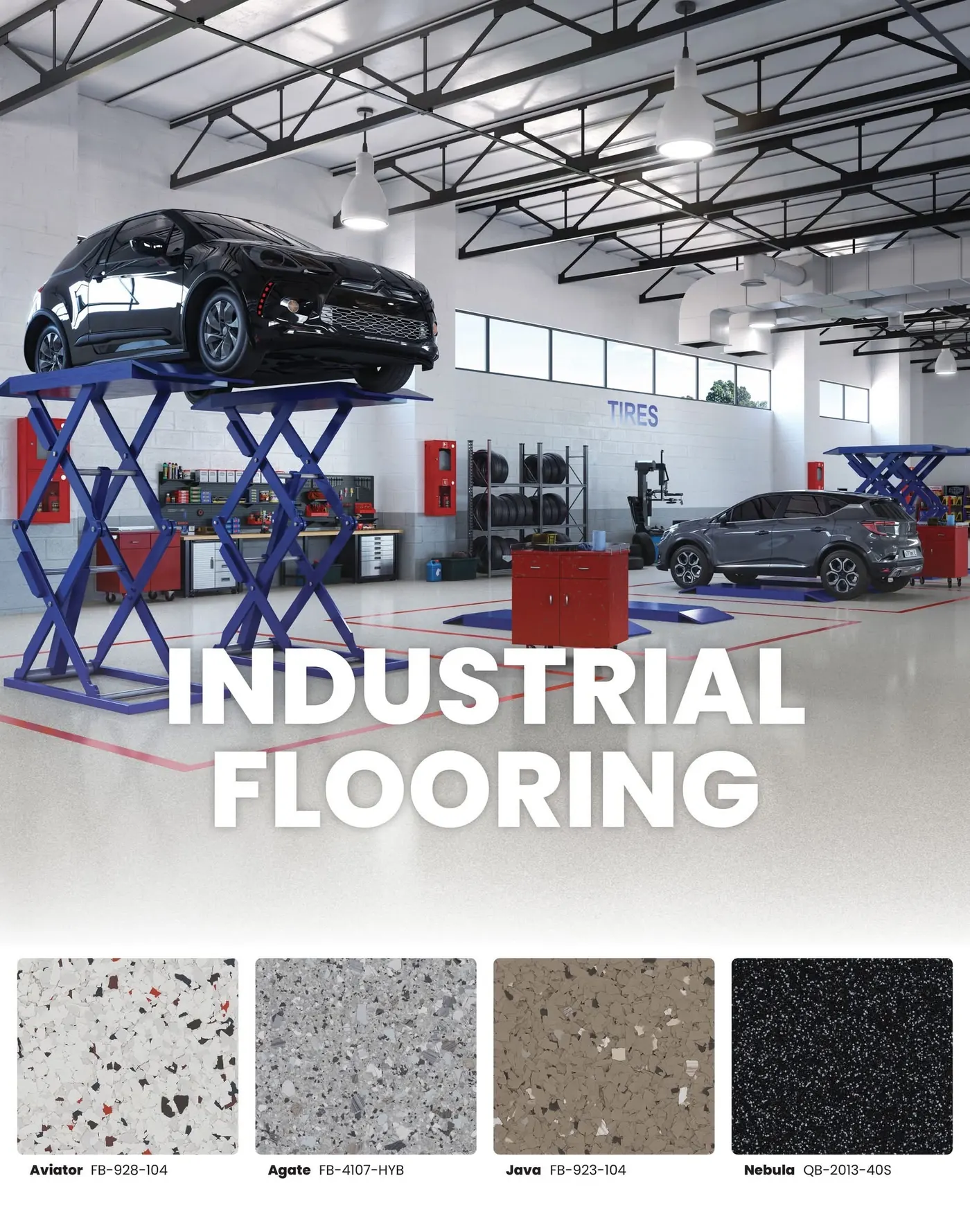 Torginol industrial flooring flake colors Fort Myers FL - Aviator, Agate, Java, Nebula